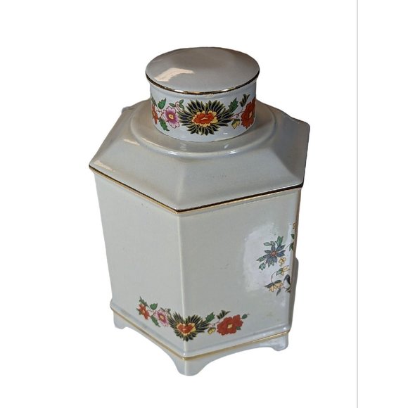 Decorative Hyalyn 836 USA Jar/ Canister Hexagon Oriental Asian Floral - Picture 3 of 10